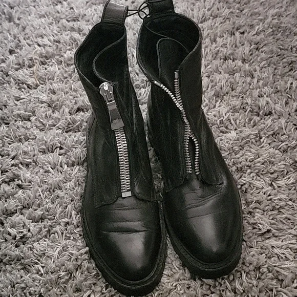 Frye Julie Combat Boots Womens Black Leather Front Zip Round Toe Block Heel - Picture 2 of 4